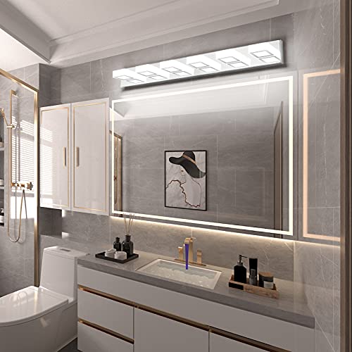 Image of Ralbay LED Modern Chrome Vanity Lights 6 Lights Stainless Steel Acrylic Modern LED Bathroom Vanity Lights Over Mirror (4500K Neutral White Light)