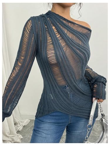 SweatyRocks Women's One Shoulder Sheer Sweater Long Sleeve Hollow Out Asymmetrical Neck Pullover Tops3