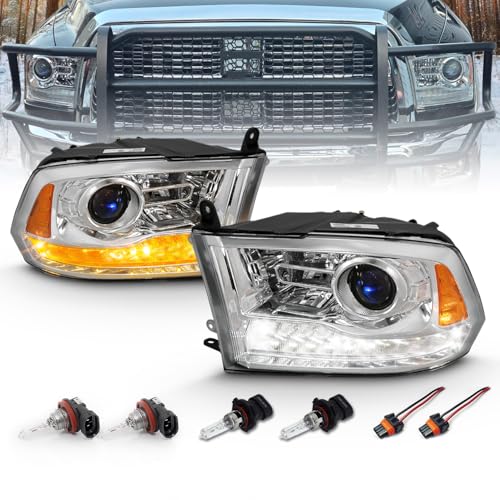 AmeriLite for 2009-2018 Dodge Ram 1500 2500 3500 Truck Dual/Quad Projector Models Switchback LED Tube Chrome Replacement Projector Headlight Set - Passenger and Driver Side