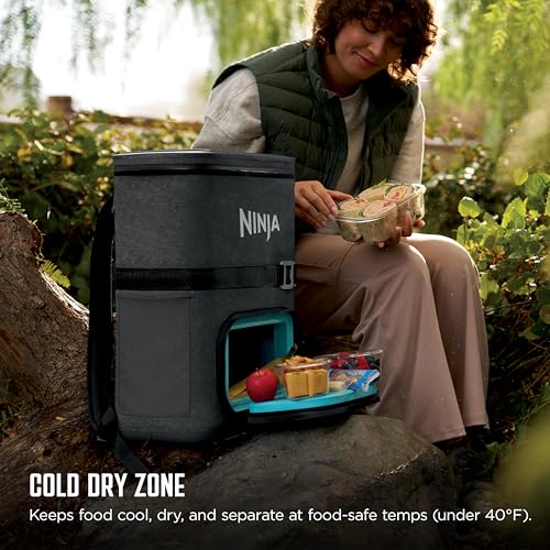 ninja  backpack cooler  frostvault go can soft cooler  leakproof zipper with built in can opener 2 ice packs amp dry storage drawer  for hiking camping amp more  2436 can