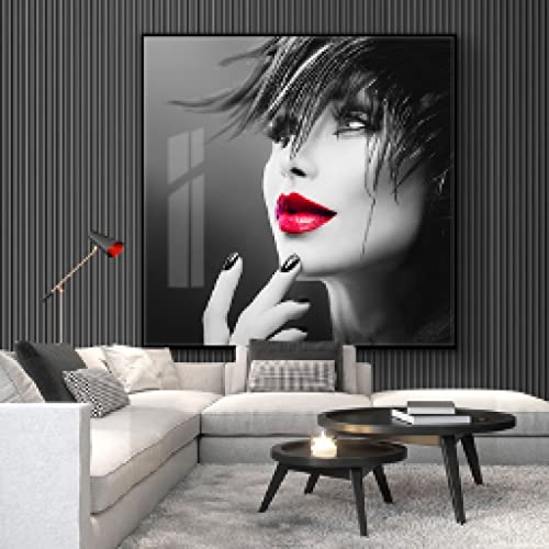 dsdsgog Women Face With Red Lip Portrait Painting on Canvas Posters and Prints Scandinavian Wall Art Picture for Living Room Decor 20x20cm Frameless