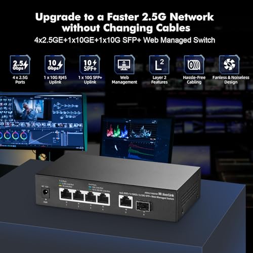 Image of MokerLink 10G Easy Web Managed Switch, 4x2.5G, 1x10G RJ-45 Base-T, 1x10G SFP, Support LACP /VLAN /QOS /IGMP, Metal Web Managed Fanless Network Switch