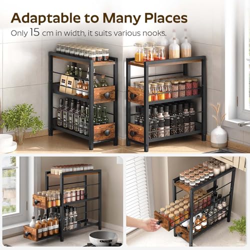 YATINEY 3-Tier Spice Rack, 15 cm Narrow Kitchen Countertop Storage Shelf with 2 Drawers, Pull-Out Coffee Storage Rack, Spice Holder for Syrup, Spices, and Coffee Pod Storage, Rustic Brown XSR02BR - Image 6