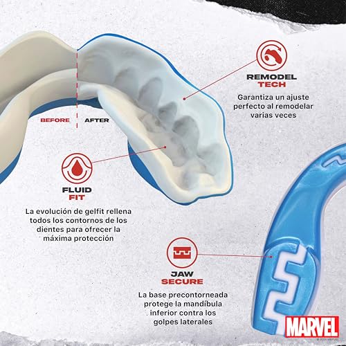 Imagen que muestra las características del protector bucal Marvel, incluyendo 'Remodel Tech', 'Fluid Fit' y 'Jaw Secure' para un ajuste y protección óptimos.