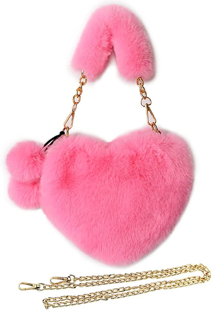 ANESHA Heart Shaped Faux Fur Handbag for Women Soft Furry Fluffy Small Shoulder Bag Clutch Purse with Pom Poms with Pom Pom Balls (Pink) (B0C6512HPM) Amazon Price History, Amazon Price Tracker