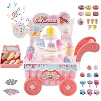 VEVOR Ice Cream Cart for Kids, 27 PCS Accessories, Pretend Play Store with Storage Trolley with Pretend Money, Sound & Light Effects, Montessori Educational Ice Cream Truck Toys for Toddlers 3+ (Pink)