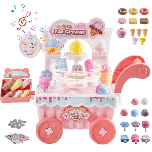 VEVOR Carrito de Helados para Niños, Camión de Helados Educativo Montessori 435 x 180 x 360 mm con 27 Accesorios, Dinero de Juguete, Efectos de Luz y Sonido para Niños de 3 Años en Adelante, Rosa
