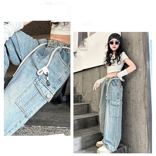 Cargo Jeans for Kids Girls Baggy Button Wide Leg Denim Pants High Waist Drawstring Y2k Streetwear Trousers with Pockets4