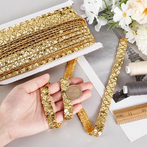 MAYJOYDIY 13m Sequin Lace Trim, 15mm Wide Light Gold Flat Round Paillette Ribbon - Image 3