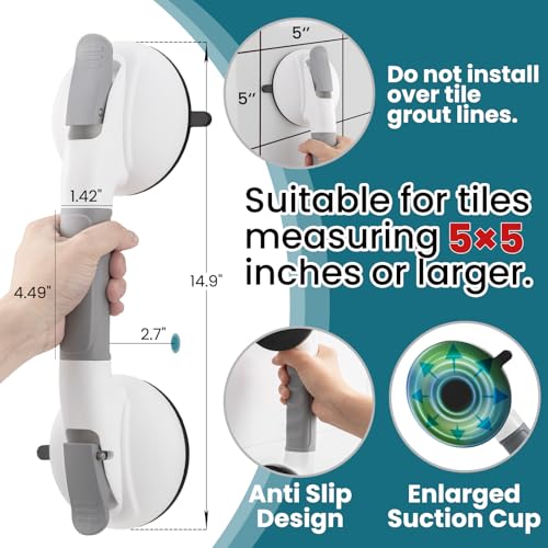 Image of TAILI Shower Grab Bars,Suction Shower Handles,Upgraded,330lbs,2 Pack,Grey | Safety for Bathtubs,Toilet,Elderly&Seniors,Bathroom Grip Bar Heavy Duty Handrails,No Drilling Removable Waterproof,14.9 inch