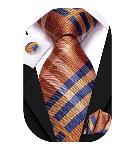 Image of Hi-Tie Mens Plaid Ties Classic Paisley Necktie with Handkerchief Cufflinks Set Business Stripe Tie