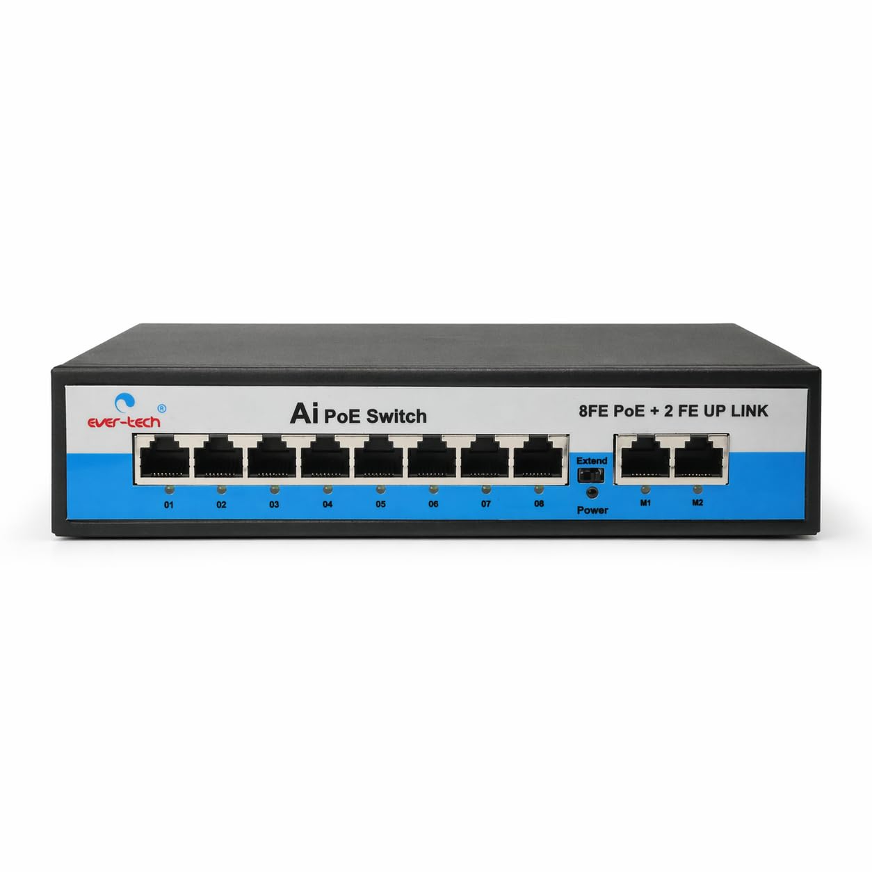 evertech ethernet poe switch for ip camera and router, 8 port 10/100 with 2 fast ethernet uplink, 96w, black, plug and play, 6kv surge protection, 2 year warranty