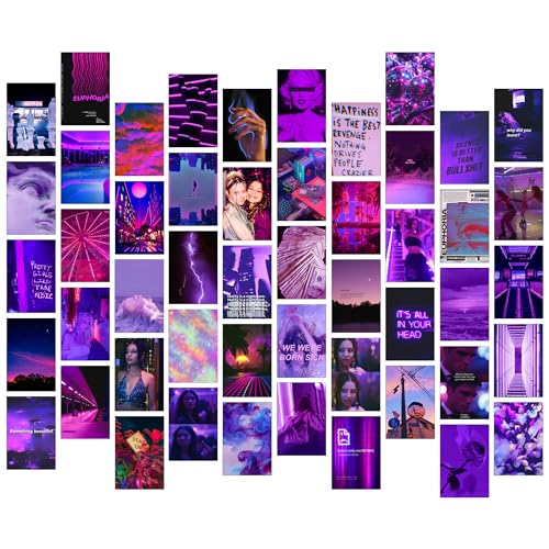 Image of Paper9store Pack Of 50 Aesthetic Wall Collage Kit - 4?6 Inches Self Adhesive Wall Posters For Bedroom, Living Room, Office A6 Size (Purple)
