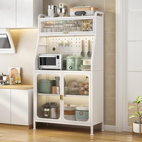 Fiutazge 160 Cm Alacena de Cocina,Mueble Buffet de Cocina con Ruedas,Armario Buffet con Estantes Ajustables y Puertas Visibles,Armarios Blancos,Armarios Multiusos,Vitrina 86 X 36 X 160cm