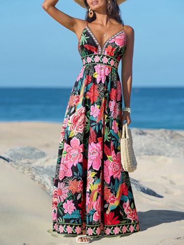 Image of CUPSHE Women's Summer Dresses Casual Spring V Neck Sleeveless Floral Beach Vacation Long Spaghetti Strap Flowy Maxi Dress