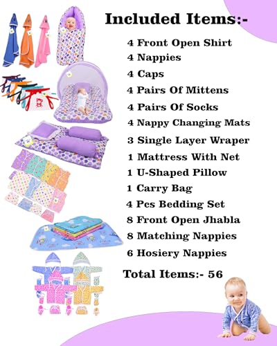 Image of Kwitchy 56 in 1 Baby Products All New Born Combo | Infants Essentials | Newborn Kit | Infant Accessories | Baby Gift Set (0-6 Months) Baby Boy & Baby Girl (Purple)