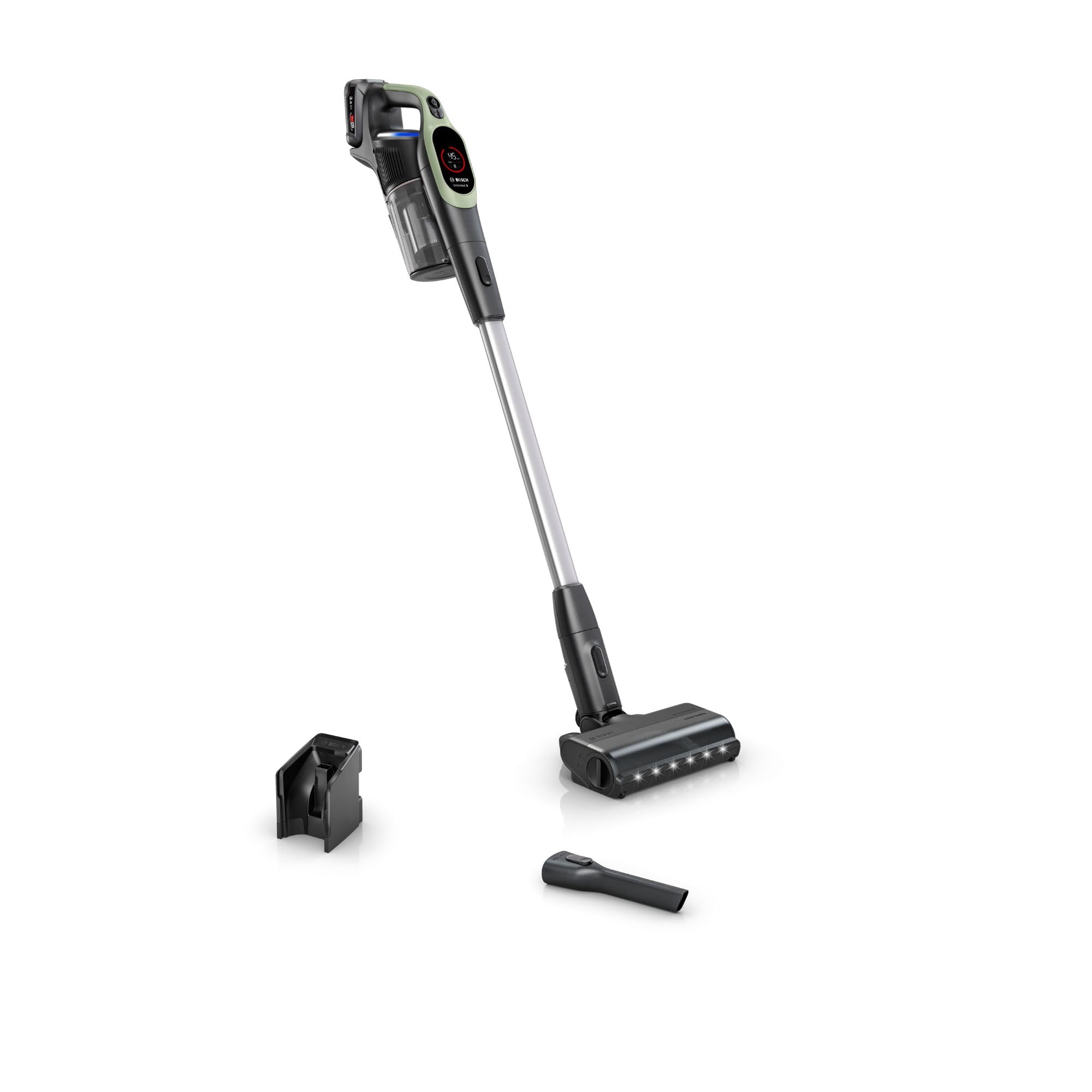 Bosch Odkurzacz bezprzewodowy Unlimited 9 BBS921TBA – Odkurzacz Bezprzewodowy z Technologią MicroClean, łatwo opróżnianym pojemnikiem na kurz, podświetleniem LED i akumulatorem 4,0 Ah, kolor zielony