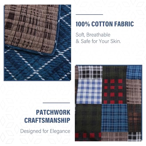 NEWLAKE Quilt Set King Size, Cotton Patchwork Blue Black Checkered Patterns Quilt Sets, Reversible Bedspread Lightweight and Breathable for All Seasons, Soft Quilted Bedspread with 2 Pillow Shams