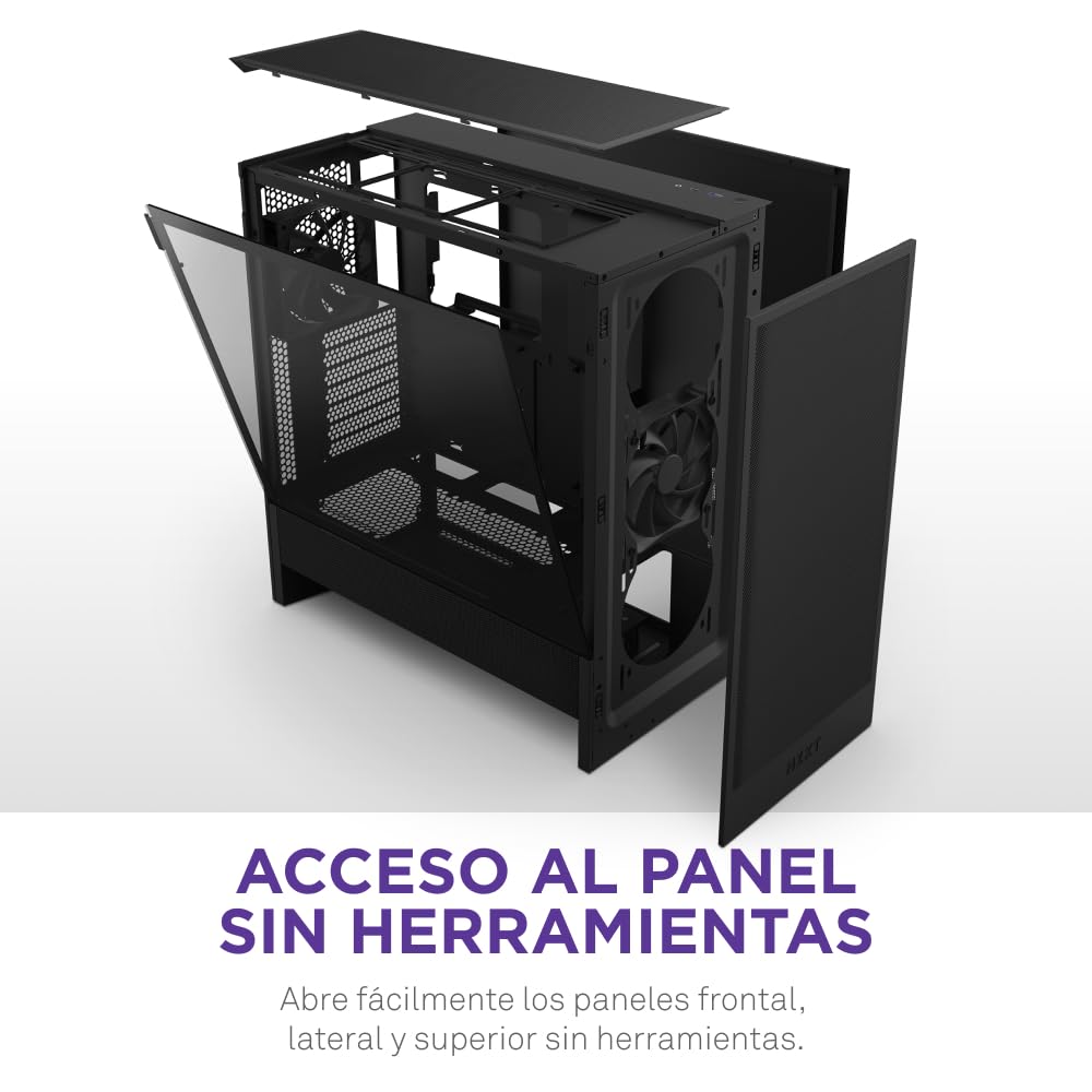 NZXT H5 Flow - Caja PC Semitorre ATX Compacta - Negro | Semitorre compacta con 2 ventiladores de 120mm, soporte de radiador frontal de 360mm y vidrio templado. Ideal primer montaje.