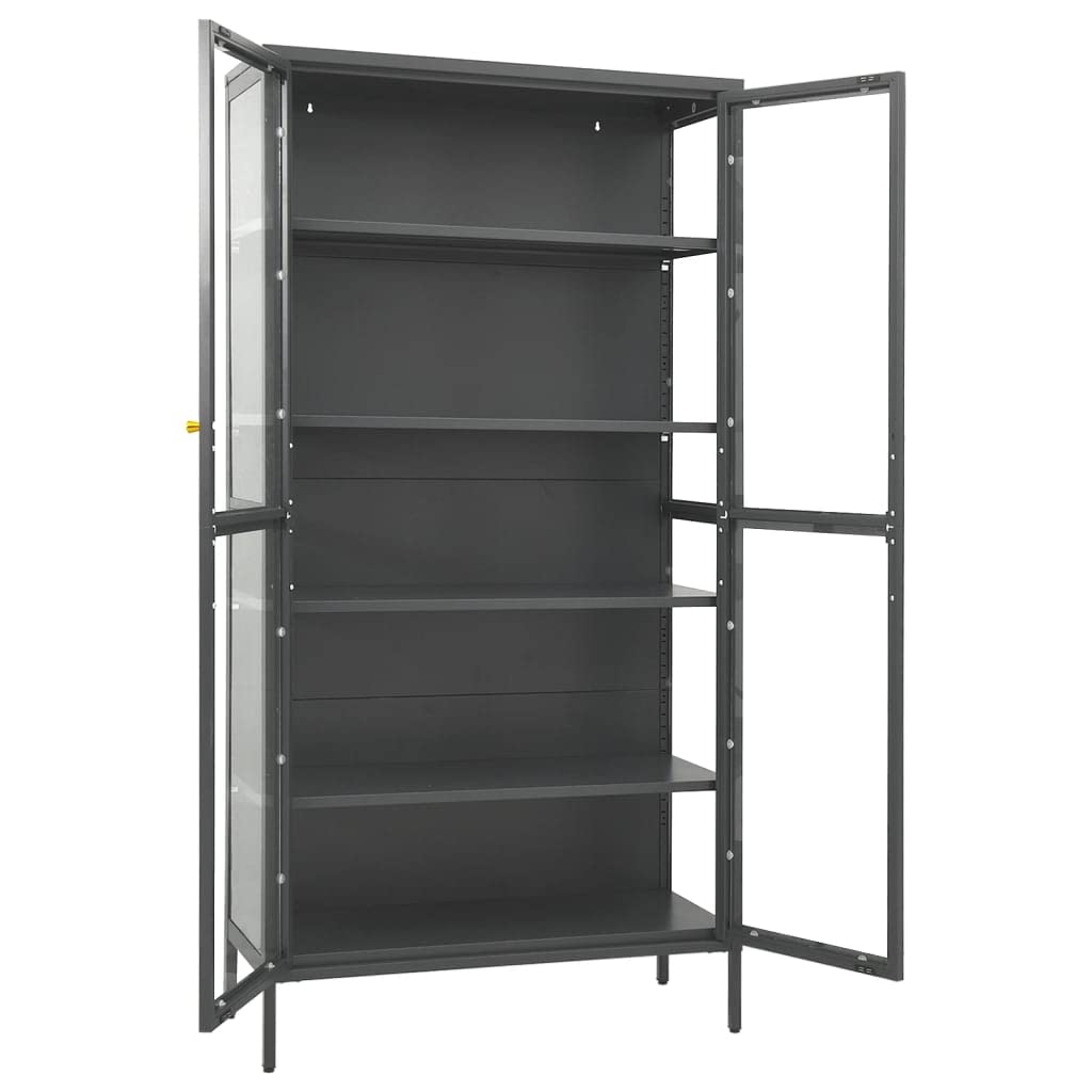Vitrina antracita 90 x 40 x 180 cm de acero y vidrio templado con 4 estantes ajustables, armario auxiliar con puertas para libros y revistas, fácil de limpiar