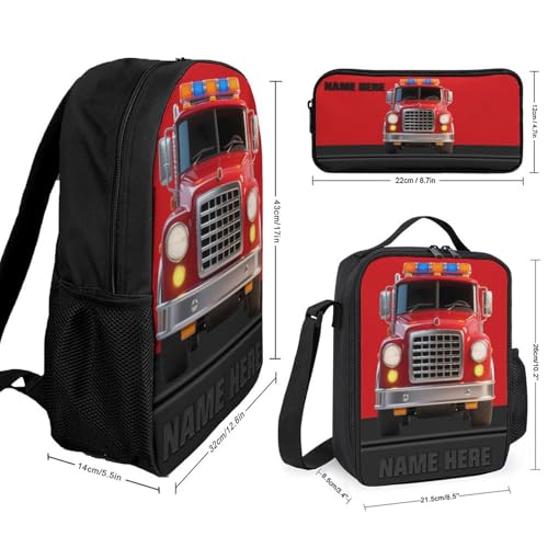 Personalized Fire Truck Backpacks Bags Set, Custom Name 3D Effect Fire Truck Bookbag 3 Pcs, Lightweight Daypack Bag Durable Shoulder Backpack for Camping Hiking Travel (Fire Truck 1)2