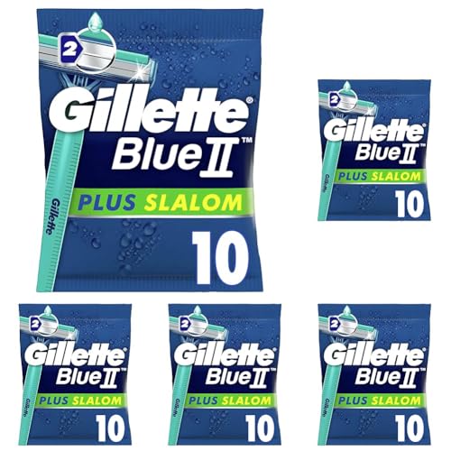 Gillette Blue II Plus Slalom Rasoirs Jetables Homme, Pack de 10 Rasoirs [OFFICIEL] (Lot de 5)