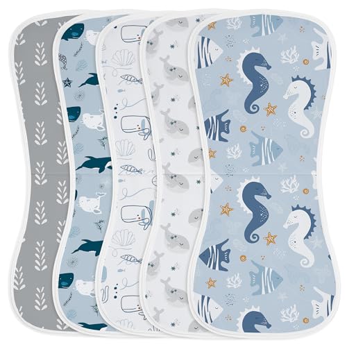 Image of Yoofoss Baby Burp Cloths 100% Organic Cotton 5 Pack Burping Cloths for Babies Boys Girls Large 21''X10'' Extra Soft and Absorbent Ocean