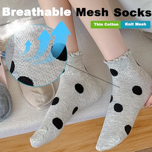 VIBCICY 5 Packs Ruffle Polka Dot Socks, Frilly Ankle Socks with Cartoon Dot Pattertn for Women, Breathable Knit Cotton3