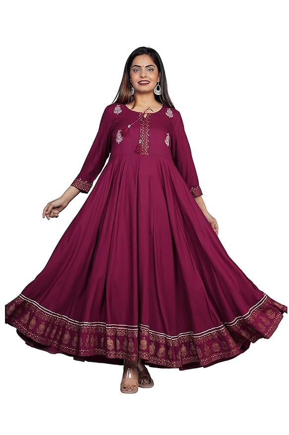 Shree RADHEY Creation Women's Rayon Embroidered Anarkali Dress |Gown for Women|Flared Kurta for Women I Dress for Women (in, Alpha, S, Regular, Wine)-image-20