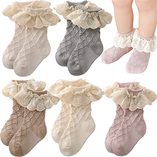 Image of FYLuoke Baby Toddler Ruffle Lace Socks Girls Uniform Stockings Infants Casual Cotton Cute Princess Frilly Dress Socks(0-6T)