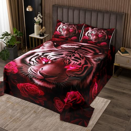 Erosebridal White Tiger Quilt Set Twin for Kids Boys Girls,Red Rose Coverlet Set,Chic 3D Tiger Bedspread Set,Romantic Valentine Day Bed Cover with 1 Pillow Sham Bedroom Decor