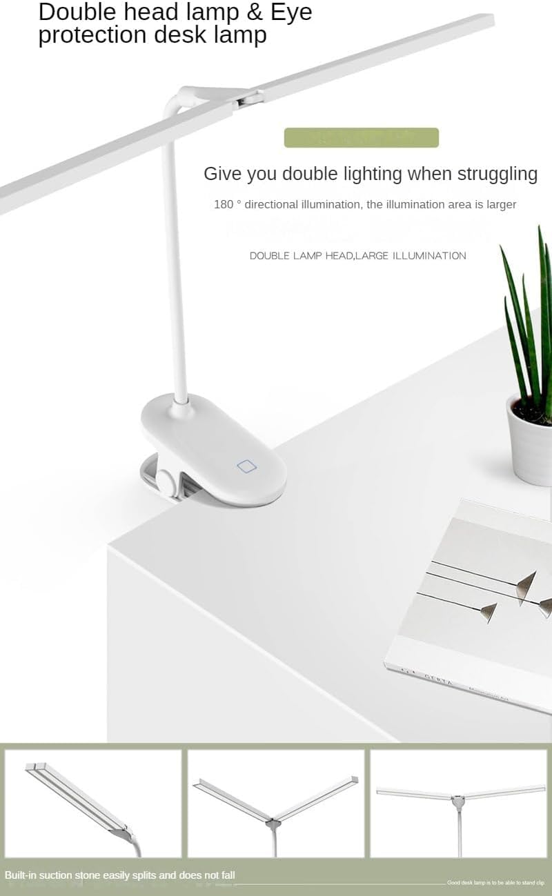 Lampada da scrivania a LED, a doppia testa, regolabile, con 30 modalità dimmerabili, ricaricabile con clip, per casa, ufficio e studio