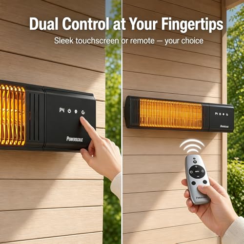 Image of Powerscale 1500W Electric Patio Heater, IP65 Waterproof, Remote, Fast Heating, 4 Heat Levels, 24H Timer & Memory Function, Wall Mounted Indoor /Outdoor Heater for Patio, Garage, Backyard, Black