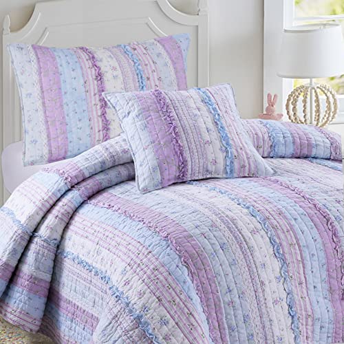 Cozy Line Home Fashions Raelynn Romantic Lace Light Lavender Orchid Blue Flower Print Stripe Cotton 3D Bedding Quilt Set, Reversible Coverlet, Bedspread for Girls Women (Lavender,King - 3 Piece)