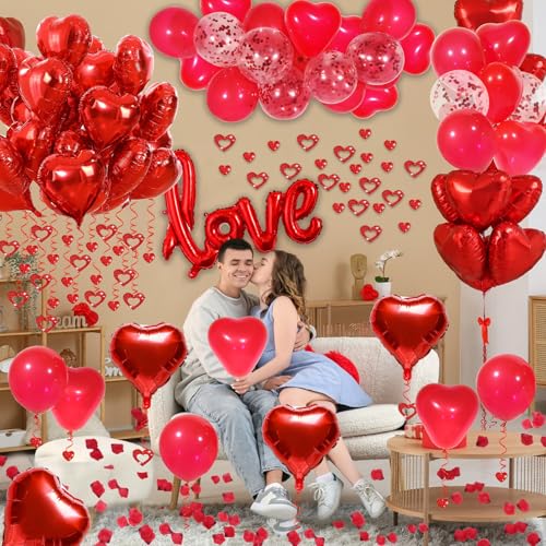 Image of Red Valentines Day Decorations with Red Heart Balloons and Love Balloon, Fake Rose Petals for Wedding Decor, Anniversary Decorations Romantic with red Latex Balloons and Heart Hanging Decor