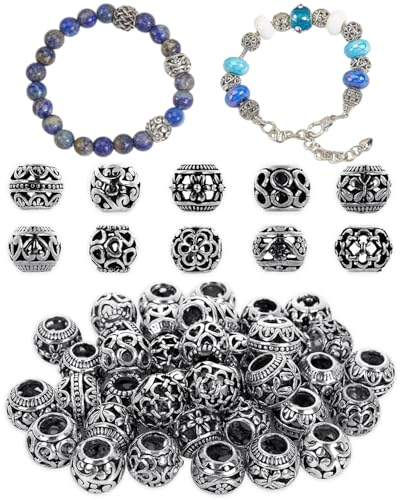 HUVZOR 30 Cuentas Espaciadoras Plateadas para Hacer Joyas, Tibetanas Con Agujero Grande para Pulseras, Collares, Columna Redonda para Manualidades