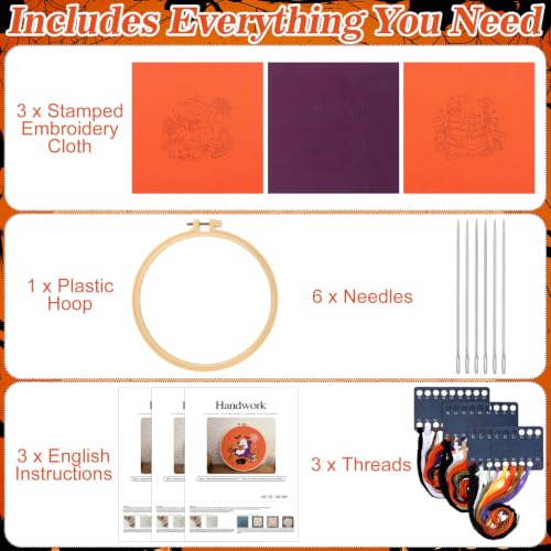 Image of Mindsoft 3 Set Needlepoint Kit for Beginners with Hoop,Halloween Booklover | Bamboo Hoop Thread Needles Instructions, Easy Hand Embroidery for Beginners Home Crafts,Pre-stamped Funny Cute Designs