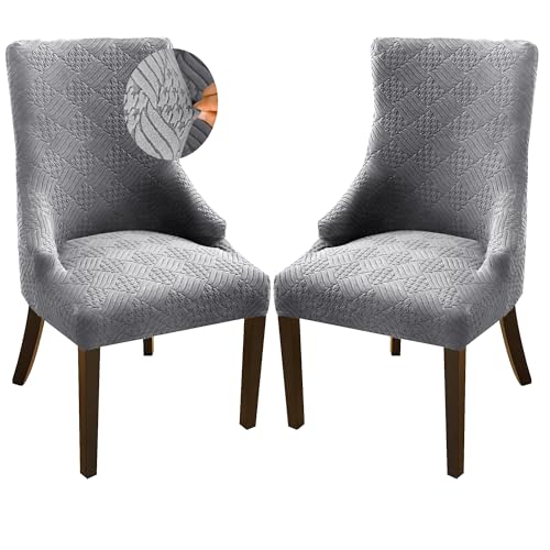 FORCHEER Grey Chair Covers for Dining Wingback Chairs with Arms 2 Pieces Stretch Jacquard Wing Back Side Dining Chair Slipcovers Set of 2 Washable Removable