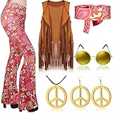 Haull 7-teiliges 60er-/70er-Jahre-Outfit für Damen, Hippie-Kostüm-Set, Boho-Schlaghose...
