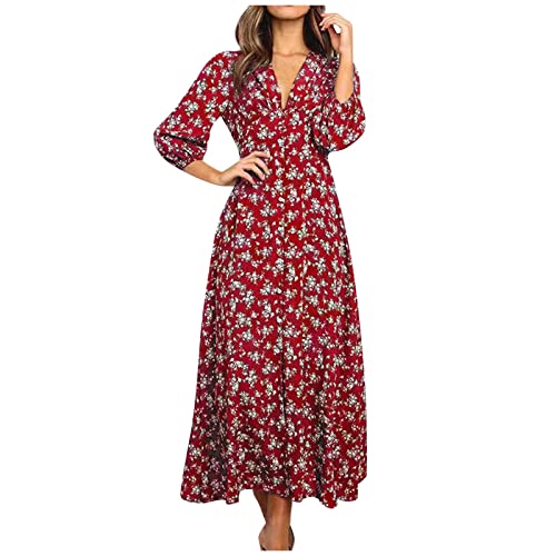 Vestidos Verano Mujer 2025, Vestidos Mujer Casual Sueltos Elegantes Mangas Largas Vestidos Cuello V Fiesta Bohemio Vestido Summer Dresses for Women Compra Online Rojo