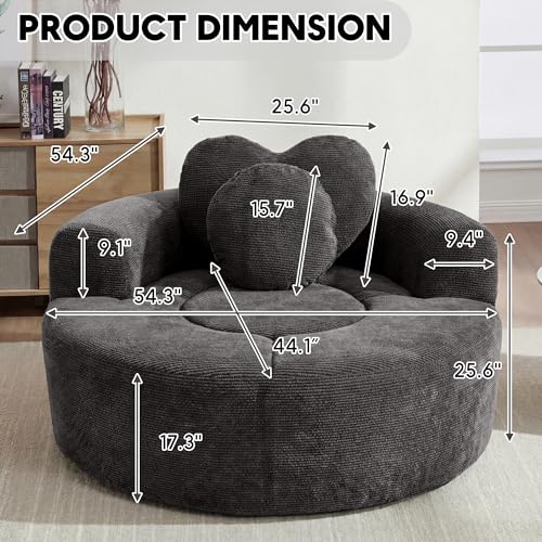 Image of Oversized Round Chair Lounge Chaise Indoor, 54.3 inch Upholstered Corduroy Deep Seat Single Cloud Sofa Chair with Heart-Shaped Pillow Modern Large Circle Boneless Couch for Living Room, Black