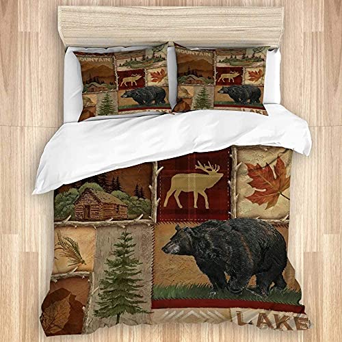 EMYPCH Duvet Cover Set King Size (1 Pillowcase and 1 Duvet Cover) Western Farmhouse Maple Leaf Cabin Bear Moose Deer Country Style Rustic Duvet Cover Soft Feel Duvet Bed Cover Set for Men, Women