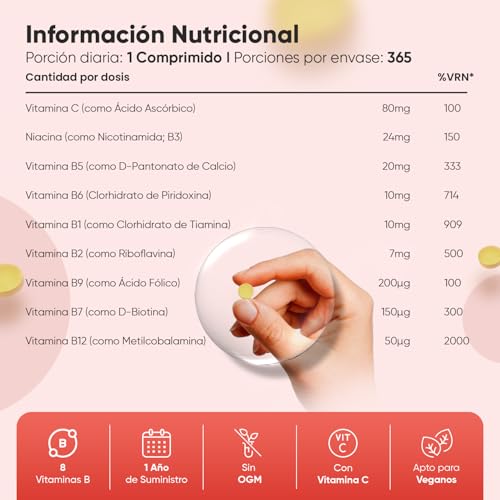 Vitamina B Complex con Vitamina C 365 Comprimidos Veganos Para 1 Año - Complejo B Completo con B1, B2, B3, B5, B6, B7 (Biotina), B9 (Ácido Fólico) y B12 - imagen 4
