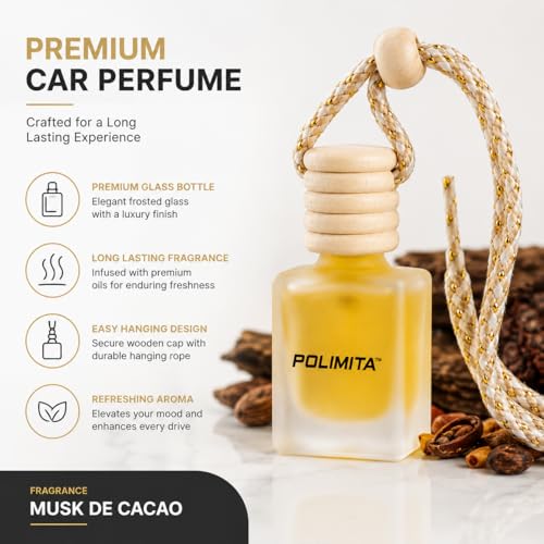 Image of Musk De Cacao Car Perfume | Premium Car Hanging Air Freshener | Rich Musk Fragrance | Frosted Glass Bottle with Wooden Cap | Leak Resistant | Long Lasting Up to 30 Days | 8ml