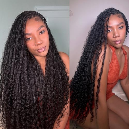 Boho Box Braids with Pre-looped Crochet Braids Synthetic Braids with Curly Human Hair for Black Women - 24inch, 3 Pack, 120 Strands