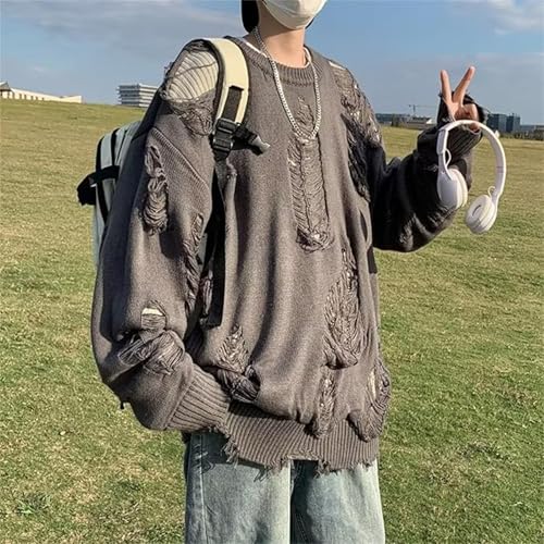 Men's Distressed Sweater Long Sleeve Ripped Round Neck Tops Vintage Streetwear Pullovers with Double Layered2
