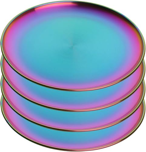 BISDARUN Mingcheng - Juego de 4 platos de acero inoxidable para ensalada de postre, platos de metal coloridos de 9.1 pulgadas para campamento,