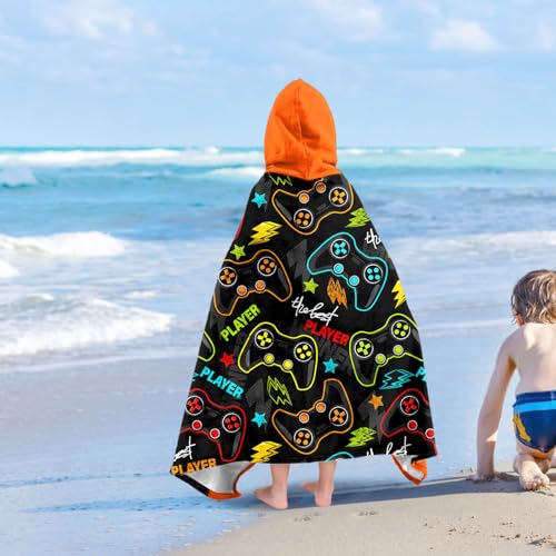 Image of Video Gamer Boys Beach Towel with Hoodie for Kids Toddlers Age 4-8,Game Controller Black Bath Towels Shower Wrap for Boys, Hooded Poncho Beach Blanket for Pool Swimming Wearable Bath Towel for Child