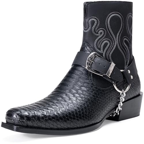 Jousen Cowboy Boots for Men Snakeskin Pattern Mens Western Boots with Side Zipper Belt Buckle Chain Strap (AMY8311 black 10.5)