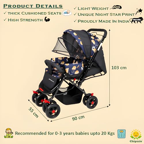 Image of Ezy Go+ Baby Stroller Pram with Mosquito Net | Reversible Handle, Full Recline & Foldable | All-Terrain 360Swivel Wheels, Safety Harness, Large Storage Basket | Thick Cushion Seats for Newborns to Toddlers 0-3 years (N. Blue -Teddy)